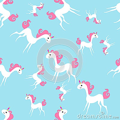 Seamless pattern with cute unicorn vector illustration on blue background Vector Illustration