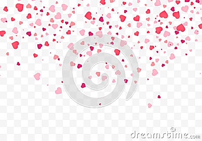 Heart confetti falling down isolated. Valentines day concept. Heart shapes overlay background. Cartoon Illustration