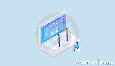 Isometric business team analyst report graph on laptop monitor concept monitor Vector Illustration