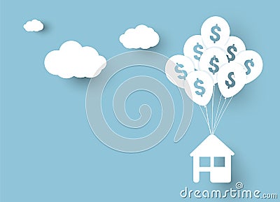 Vector illustration of house hanging on balloons with sign of dollar, over blue sky background and clouds with shadow. Vector Illustration