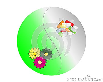 Flowers and pills as two parts of the medical system Stock Photo