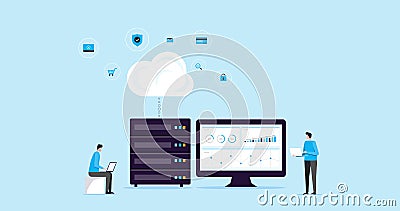 Flat illustration design concept technology cloud storage connection with business technology wen hosting and servers online servi Vector Illustration