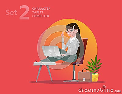 Handsome designer woman is working at his laptop. Vector Illustration