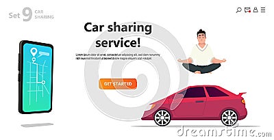 Car sharing service. Yoga calm man and car. Vector Illustration