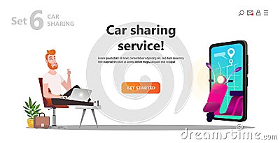Online carsharing. Man and scooter rent. Vector Illustration