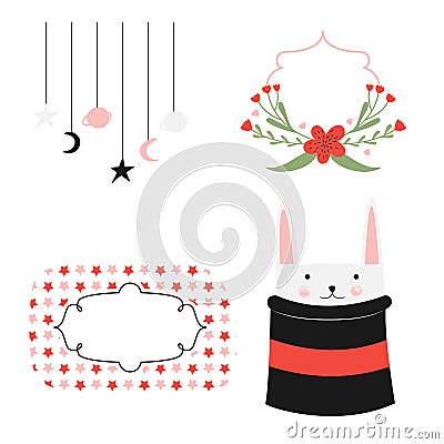 Graphic elements for greeting card with bunny, hat, flowers, stars and frames Vector Illustration