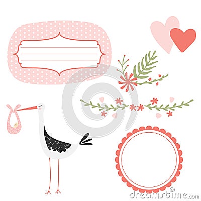 Graphic elements for greeting card with stork, heart, flowers and frames Vector Illustration
