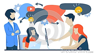 Businessmen discuss social network, news, social networks, chat, dialogue speech bubbles, new projects. Flat vector Vector Illustration