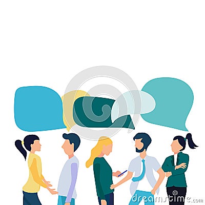 Businessmen discuss social network, news, social networks, chat, dialogue speech bubbles. Flat vector Cartoon Illustration