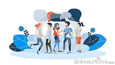 Businessmen discuss social network, news, social networks, chat, dialogue speech bubbles. Flat vector Cartoon Illustration