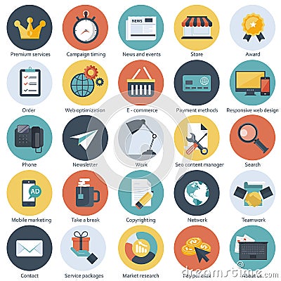 Set of flat design icons for E-commerce, Pay per click marketing, seo, responsive web design, reputation management and Internet m Cartoon Illustration