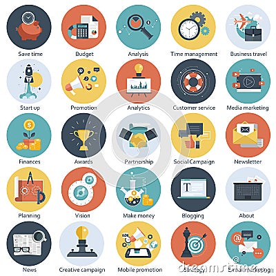 Colorful icon set for business, management, technology and finances. Flat objects for websites and mobile app Stock Photo