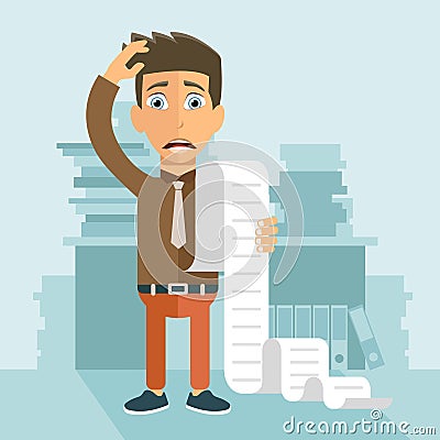 Paying bills and taxes concept. Man worried about his bills. Flat vector Cartoon Illustration