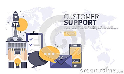 Business customer care service concept. Flat website banner for contact us, support, help, phone call and website click. Vector Illustration