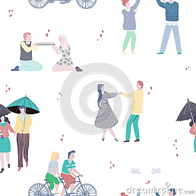 Happy Valentines day. Seamless pattern with people in love collection. Happy dating couples. Isolated objects on white background. Vector Illustration