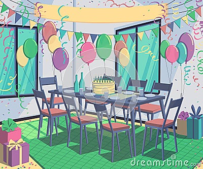 Room interior with decorations for holiday party. Banner for congratulations, table served for dinner with cake, presents, balloon Vector Illustration