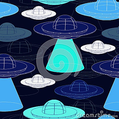 Seamless pattern with UFO spaceship. Unidentified flying object with light beam. Vector Illustration