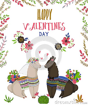 Sweet llamas couple in love. Cute cartoon characters. Happy Valentine`s day. Design concept for invitation, greeting card, print, Vector Illustration