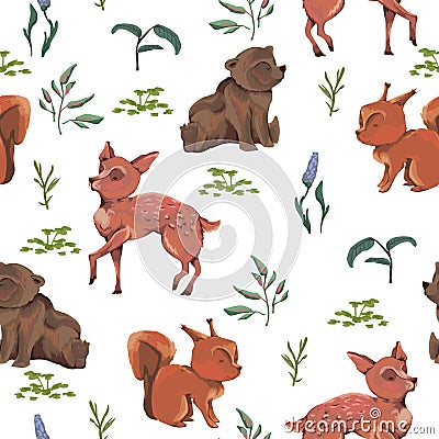Seamless pattern with teddy bear, baby deer, squirrel, bush, flowers, leaves, berries. Cute cartoon characters. Vector Illustration