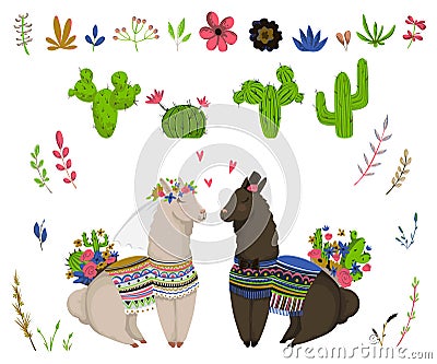 Sweet llamas couple with cacti and floral elements set. Cute cartoon characters in love. Design concept for wedding invitation, gr Vector Illustration