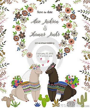 Save the date card with sweet llamas couple in love. Cute cartoon characters with cacti and floral elements. Design concept for we Vector Illustration