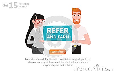 Refer and Earn Vector illustration of guy girl and bubble for you text. Vector Illustration