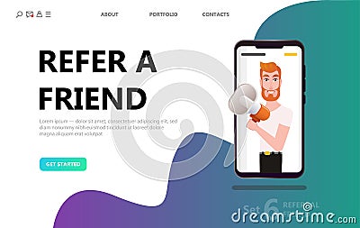 Refer a friend concept, man people shout on megaphone Vector Illustration