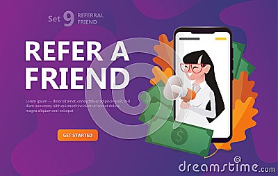 Refer a friend. Girl on scriin smartphone screaming and handing megaphone Stock Photo