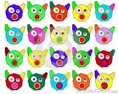 Many colourful pig or cat faces in a row Stock Photo