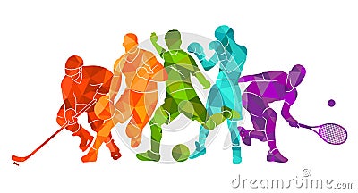 Color sport background. Football, soccer, basketball, hockey, box, tennis, baseball. Vector illustration colorful people silhouett Cartoon Illustration