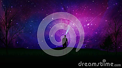 Stargaze, connection with the Universe, man silhouette on a field Vector Illustration