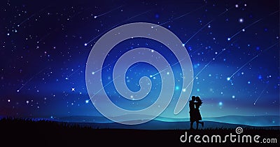 Couple silhouettes under meteor shower, night sky with stars Vector Illustration