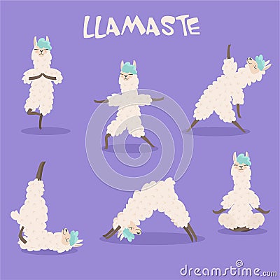 Set of stylish cartoon llamas in various poses of yoga. Vector illustrations isolated on purple background. Vector Illustration