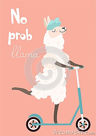 Funny card with a cartoon llama on a scooter. Vector illustration. Vector Illustration