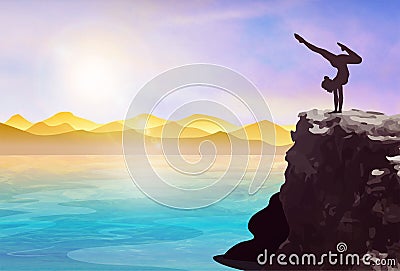 Athletic woman silhouette on a cliff Vector Illustration