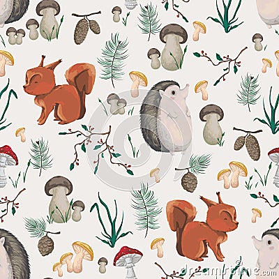 Seamless pattern with little squirrel, hedgehog, plants and mushrooms. Design in watercolor style for baby shower party, wallpape Vector Illustration