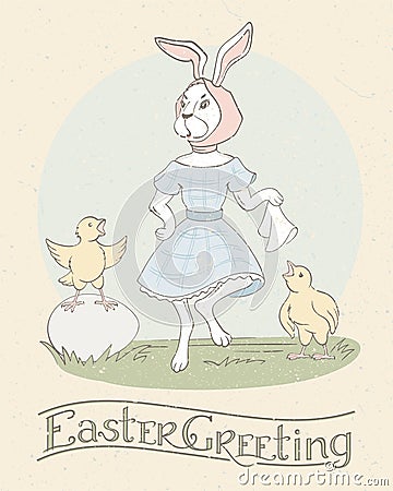 Holiday greeting card with hand lettering and cute dancing Easter rabbit and two singing chickens. Happy Easter Greeting Vector Illustration