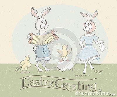Holiday greeting card with hand lettering and Easter rabbits dancing to the accordion and singing chickens. Happy Easter Greeting Vector Illustration