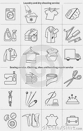 Big set of vector linear icons, labels, logos. Dry cleaning laundry and cloth washing, sewing, clothing repair service Vector Illustration