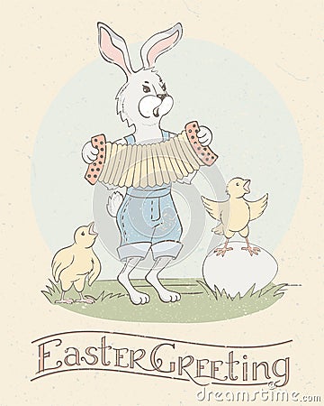 Holiday greeting card with lettering and cute Easter bunny and chicks - retro style vector illustration. Happy Easter Greeting. Vector Illustration