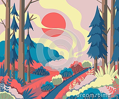 Spring landscape with trees, fir trees, plants, bushes, flowers. Beautiful scenery background. Vector Illustration