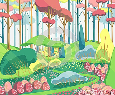 Spring landscape with hills, trees, plants, bushes, flowers and pathway. Beautiful scenery background. Vector Illustration