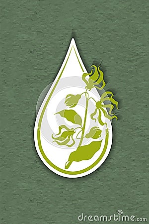 Drop of ylang ylang flower essential oil logo - cananga tree. Aromatherapy, perfumery, cosmetics, spa logo. raft paper textured Vector Illustration