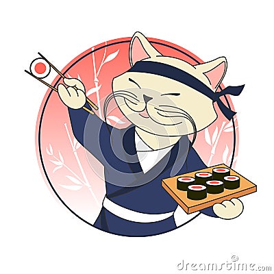 Kawaii cartoon cat chief with sushi rolls and chopsticks. Sushi bar or restaurant vector logo template Vector Illustration