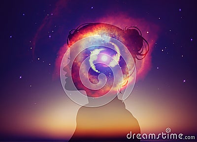 Woman Head Universe Inspiration Enlightenment Spiritual awakening Stock Photo