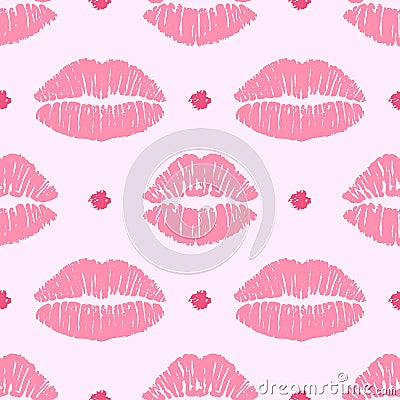 Seamless pattern with female pink lipstick kiss and polka dot. Vector Illustration