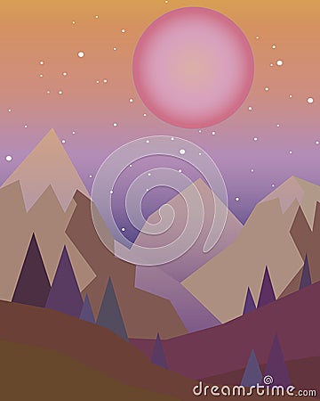 Sunset in the mountains with a red sun on the sky in a geometric style Stock Photo