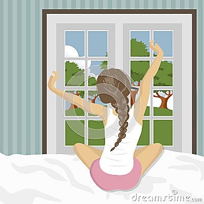 Woman stretching in bed after wake up. Concept for holidays and vacations. Summer scenery. Flat Cartoon Illustration