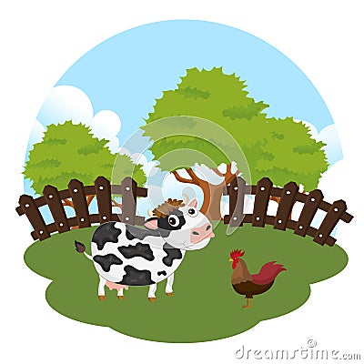 Animals in the farm scene. Nature and country concept. Flat vector Cartoon Illustration