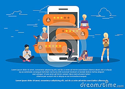 Concept of feedback, testimonials messages and notifications. Speech bubbles on mobile phone with review rating, flat style smart Vector Illustration